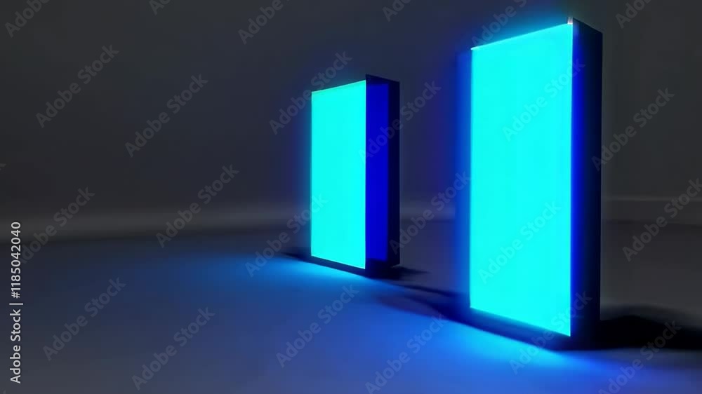 Poster two glowing blue rectangular lights standing on a reflective surface in a minimalist, futuristic set