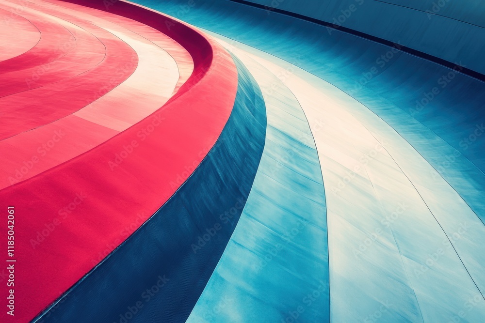 Poster abstract curves in vibrant red and blue create a dynamic visual effect.