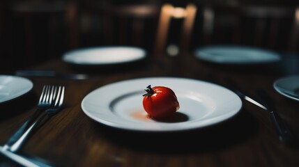 A Small Red Tomato Sitting on a White Plate on a Wooden Table - Generative AI