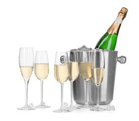 Champagne and bucket with ice isolated on white