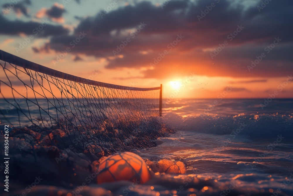 Poster a tranquil sunset over the ocean with a fishing net and a buoy floating in the gentle waves.