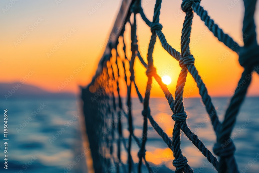 Poster sunset over the ocean with a focus on a textured rope netting, creating a serene mood.