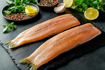 Freshly prepared salmon fillets garnished with herbs and spices on a dark slate platter