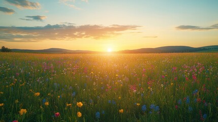 Naklejka premium Colorful wildflowers field at sunset.