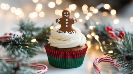 A festive gingerbread cupcake topped with creamy frosting and a cheerful gingerbread cookie, surrounded by holiday decorations.