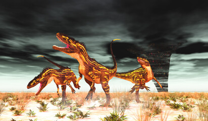 Torvosaurus Dinosaur Tornado - Torvosaurus theropod dinosaurs run for their lives to escape a tornado during the Jurassic Age of North America.