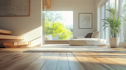 Obraz premium Modern minimalist living room with large windows overlooking nature