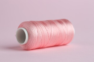 Spool of sewing thread on pink background, closeup