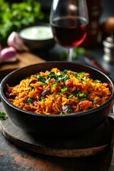 A bowl of rice and vegetables with a glass of wine