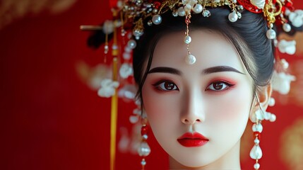 A beautiful Chinese woman wearing traditional hair ornaments and makeup 