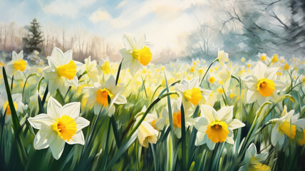 Fototapeta premium Illustration of white daffodils in springtime