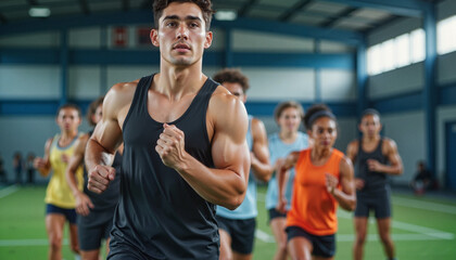 Determined young athletes training in sports facility, teamwork spirit