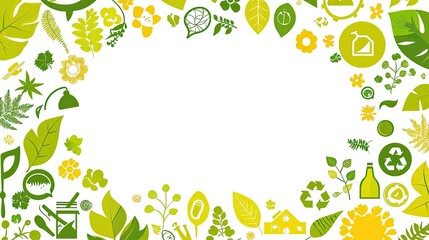 A decorative border featuring various green leaves, flowers, and eco-friendly symbols, promoting environmental awareness.