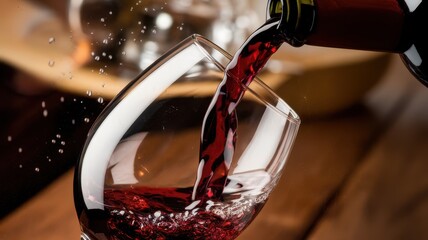 A close-up shot of rich red wine pouring into a crystal clear glass, capturing droplets and splashes, set against a rustic wooden background.