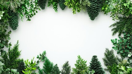 A vibrant arrangement of various green plants and pinecones framing a blank space, ideal for nature-themed designs.