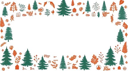 A decorative border featuring evergreen trees and foliage in green and orange colors, suitable for seasonal designs or invitations.