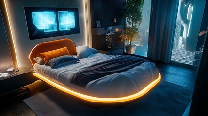 A futuristic bedroom with a levitating desk and integrated holographic screens 