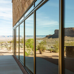 Modern building reflects desert landscape in daylight