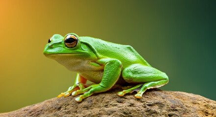 Fototapeta premium Vibrant green frog resting on a rock in a natural setting