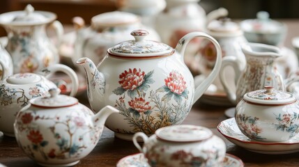 Elegant vintage tea set displayed on a wooden table with intricate floral designs and fine porcelain craftsmanship