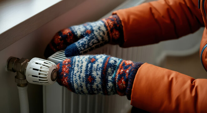 Freezing person adjusting a radiator valve while wearing cozy knitted gloves