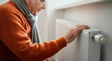 Senior man adjusting the radiator for warmth during winter