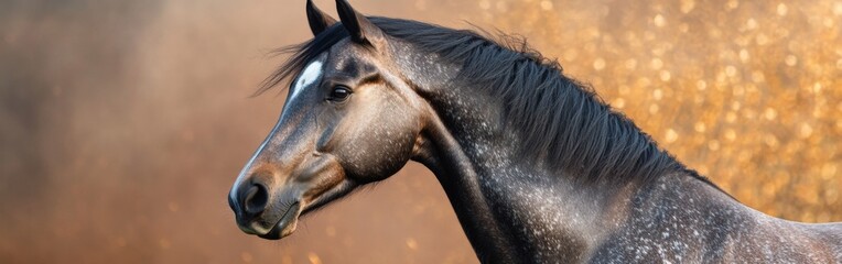 A majestic horse stands gracefully, its profile highlighted by the soft morning light. The animal's features are clear and striking, capturing a moment of tranquil beauty in nature