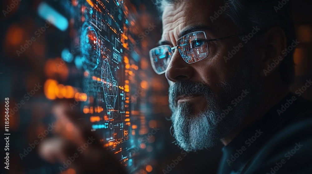 Poster senior man interacts with a futuristic holographic interface displaying data.