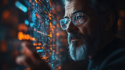 Senior man interacts with a futuristic holographic interface displaying data.