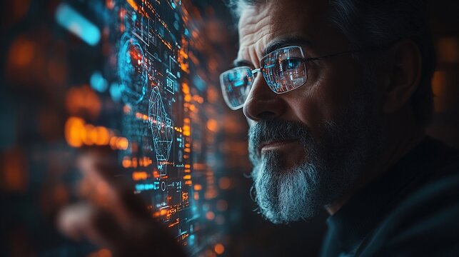 Senior man interacts with a futuristic holographic interface displaying data.