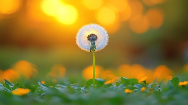 Dandelion seed head at sunset, soft focus, vibrant colors, meadow.