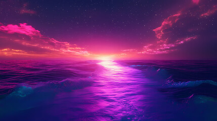 Fototapeta premium 3d horizon, neon radiant starlit waters background wallpaper. Stormlit. Illustration