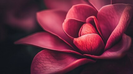 Dark red magnolia blossom close-up, garden background, botanical illustration