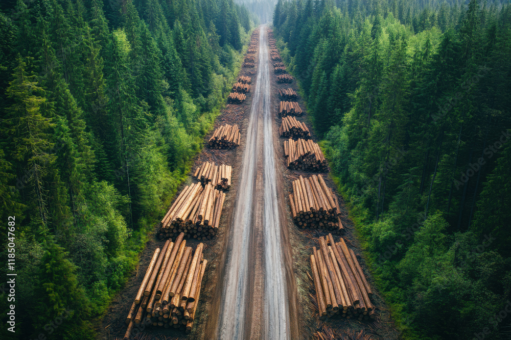 Poster aerial view of logging road with timber piles