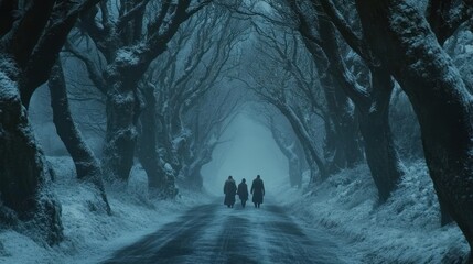 Naklejka premium Snowy avenue, three figures walking, foggy winter landscape, mystical atmosphere, film scene