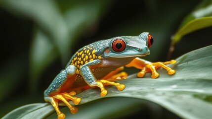 Obraz premium Red-eyed tree frog perched on a lush green leaf in the rainforest