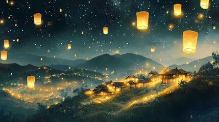 A magical scene of a hmong village glowing under a starlit sky, with lanterns floating in the air and spirits of ancestors depicted as ethereal light forms among the hills. Stormlit. Illustration
