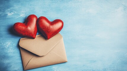 Two red hearts resting on an envelope, symbolizing love and romance in a serene, blue setting.
