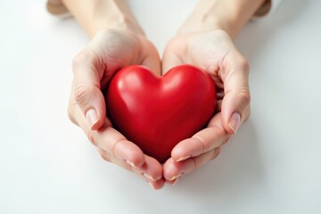 Obraz premium Two hands hold a bright red heart against a pure white backdrop A symbol of health, love, and giving , white, solidarity