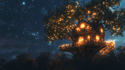 Fototapeta premium A magical treehouse illuminated by soft lights under a starlit sky, creating a whimsical and serene nighttime atmosphere. starlit. illustration. Stormlit. Illustration
