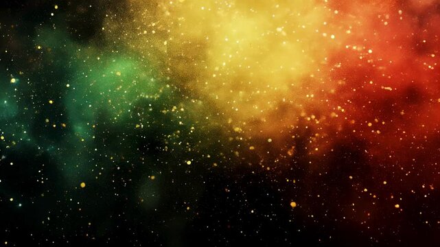 A textured background featuring bold red, black, and green abstract brush strokes, with golden accents