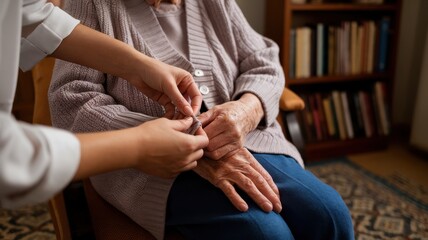 A caring female caregiver helps an elderly woman with her button, showcasing compassion and connection in a cozy indoor setting.