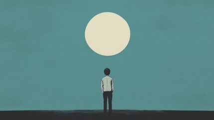 Obraz premium Person gazing at a large, bright circle in a minimalist sky.