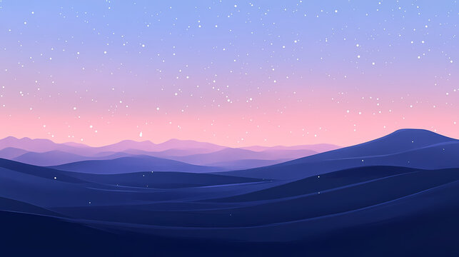 A minimalist desert vista at dusk, highlighting the elegant curves of wind-swept dunes against a backdrop of a starlit sky. wind-swept desert. illustration. Stormlit. Illustration