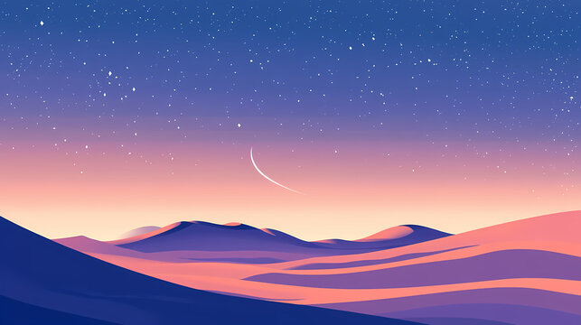 A minimalist desert vista at dusk, highlighting the elegant curves of wind-swept dunes against a backdrop of a starlit sky. wind-swept desert. illustration. Stormlit. Illustration