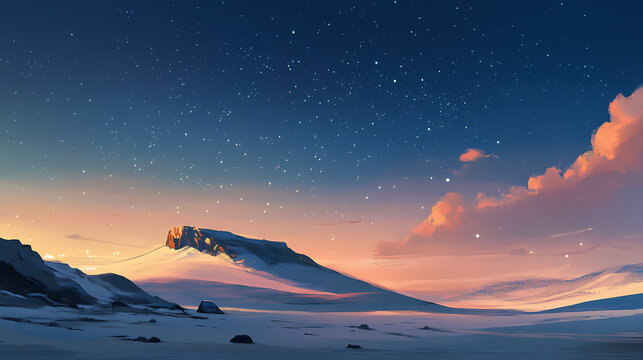 A minimalist desert vista at dusk, highlighting the elegant curves of wind-swept dunes against a backdrop of a starlit sky. wind-swept desert. illustration. Stormlit. Illustration