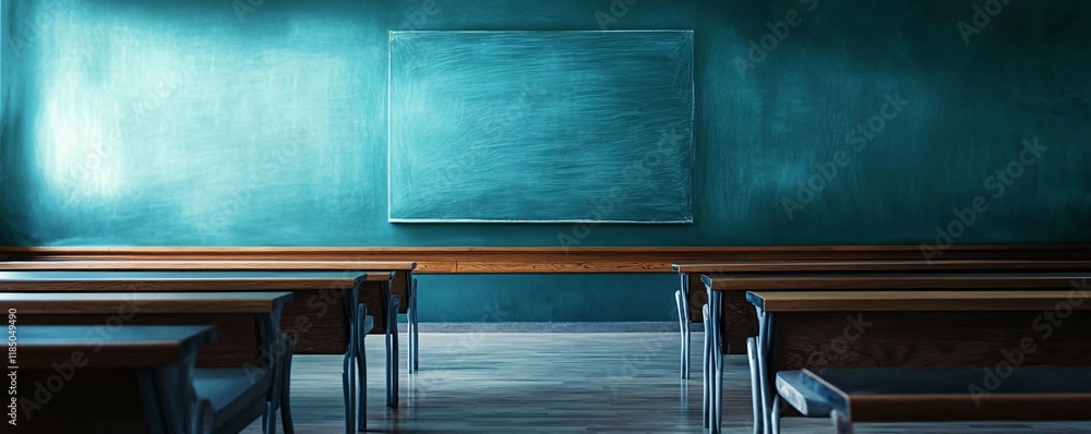 Poster empty classroom with teal chalkboard and desks ready for students