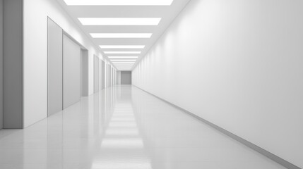 Obraz premium Sterile hallway, doors, lights, reflective floor, modern building, interior design