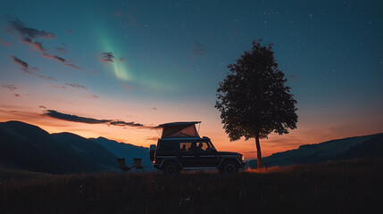 Fototapeta premium Rooftop Tent Setup at Night with Aurora and Rolling Hills