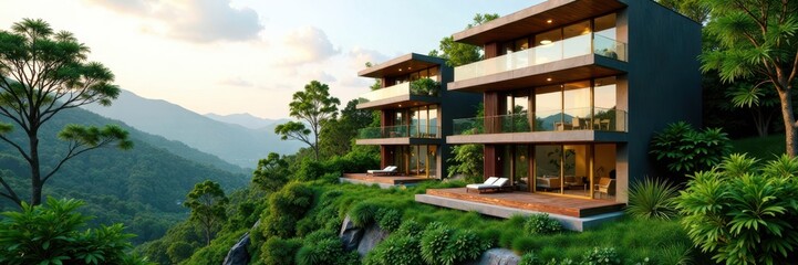 Fototapeta premium Sleek modern apartments nestled amongst lush greenery , contemporary, balcony